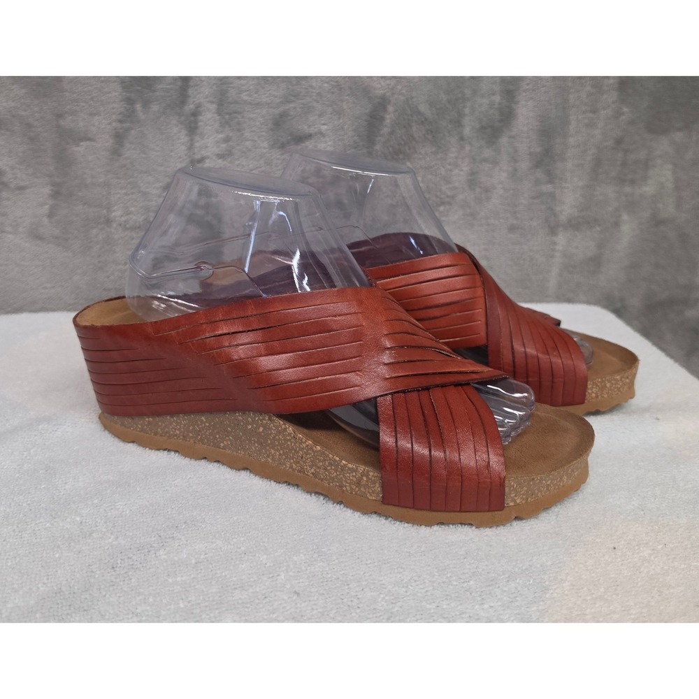 Yokono Spain Leather Wedge Sandals Cognac Brown Strappy Crossover Slides 8.5-9